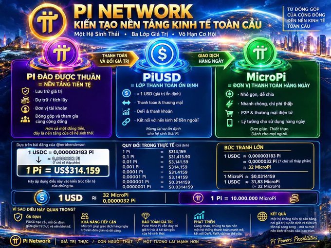 An infographic from @mrbhenderson illustrating the Pi Network's economic architecture, showing Pure Mined Pi (1 Pi = US$314.159), PiUSD as a stable payment layer (1 USDC ≈ 0.000003183 Pi), and MicroPi as the daily payment unit (1 Pi = 10,000,000 MicroPi), demonstrating the proportional value relationship between the three tiers.