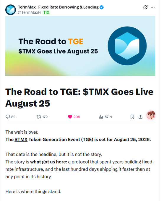 A social media post by TermMax (@TermMaxFi) titled 'The Road to TGE: $TMX Goes Live August 25' announcing the $TMX Token Generation Event for August 25, 2026.