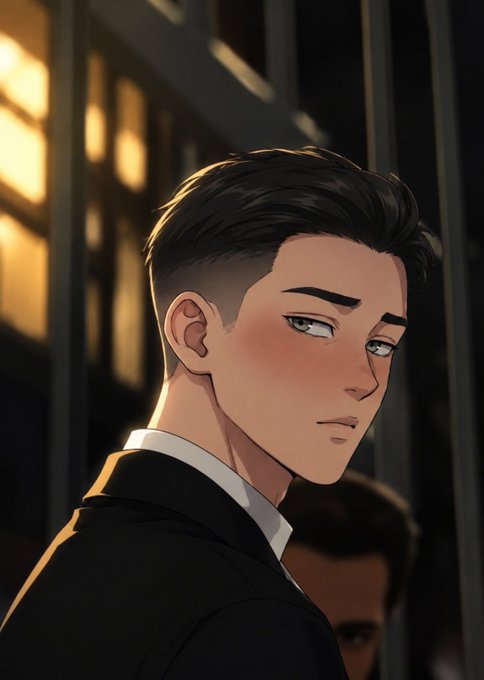 An anime-style illustration depicts a young man with short dark hair, wearing a black suit, with a slight blush on his cheeks, looking to the side in a warmly lit urban setting.