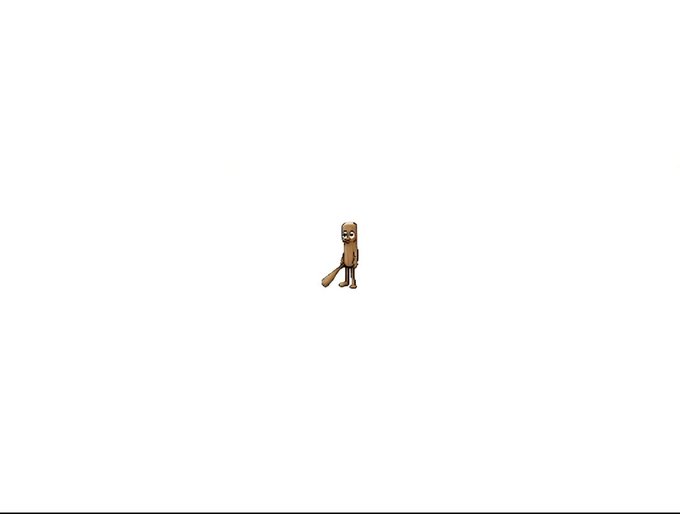 A small pixelated character holding a bat stands in the center of a white background.
