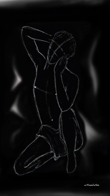 The image features a black and white drawing of a person kneeling down with their hands on their knees, facing forward. The drawing appears to be done in a sketchy style or hand-drawn, giving it an artistic touch. The background of the image is dark, which contrasts with the lighter figure and draws attention to the subject. The post that accompanies this image has been tagged @TransientLabs, indicating that it might be related to a discussion about art or a specific artist's work.