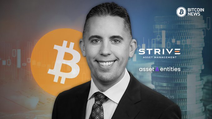 The image shows Matt Cole, CEO of Strive Asset Management, pictured smiling in a dark suit and patterned tie against a backdrop featuring an orange Bitcoin logo and corporate building imagery, with "Bitcoin News," "Strive Asset Management," and "Asset Entities" logos visible.