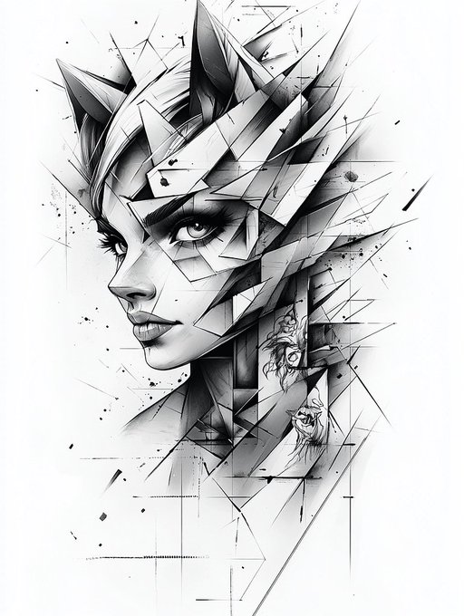 A black and white artistic illustration of a woman's face and neck rendered in geometric, shattered polygon style with sharp angular fragments and ink splatters.