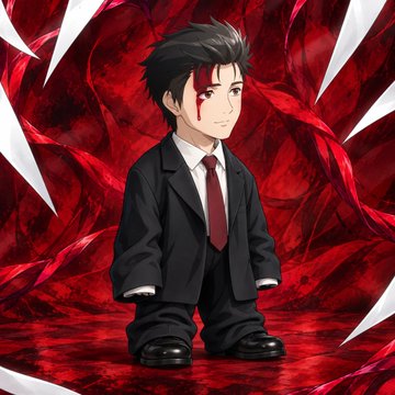 An anime-style character, a small chibi boy in an oversized black suit with a red tie, standing against a dramatic dark red background with jagged crystal-like shapes and red streaks in his dark hair.