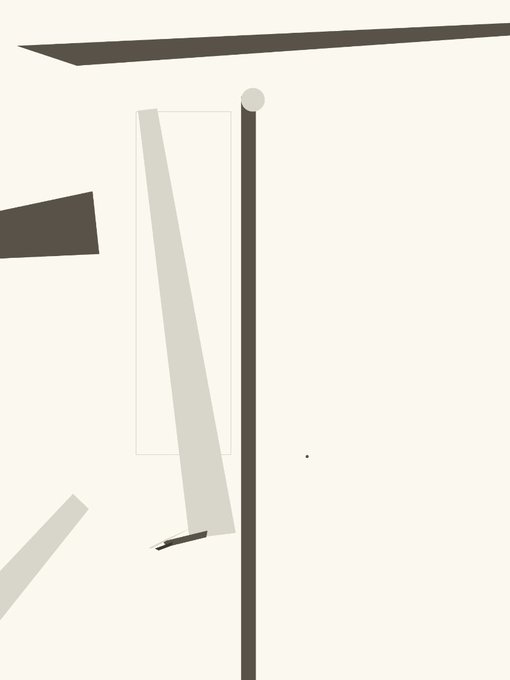 An abstract minimalist artwork with beige and dark brown geometric shapes including rectangles, lines, and a small circle on a light cream background.