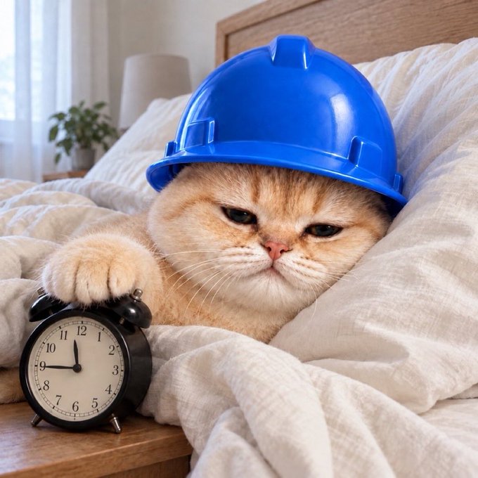 A grumpy-looking orange cat lies in bed wearing a blue hard hat, with its paw resting on a black vintage alarm clock showing approximately 9:00.
