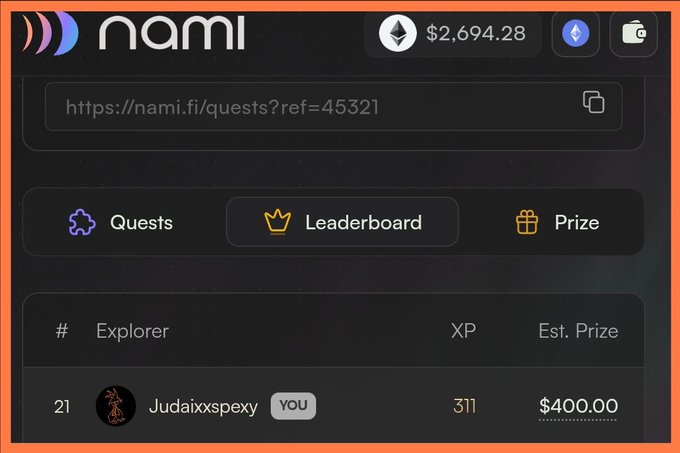 Screenshot of the 'nami' platform showing a wallet balance of $2,694.28 ETH, with navigation tabs for Quests, Leaderboard, and Prize, listing user 'Judaixxspexy' at rank 21 with 311 XP.