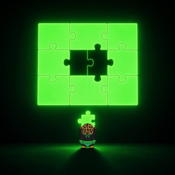 A glowing green puzzle with a missing piece stands behind a small character holding the missing puzzle piece up to complete it.