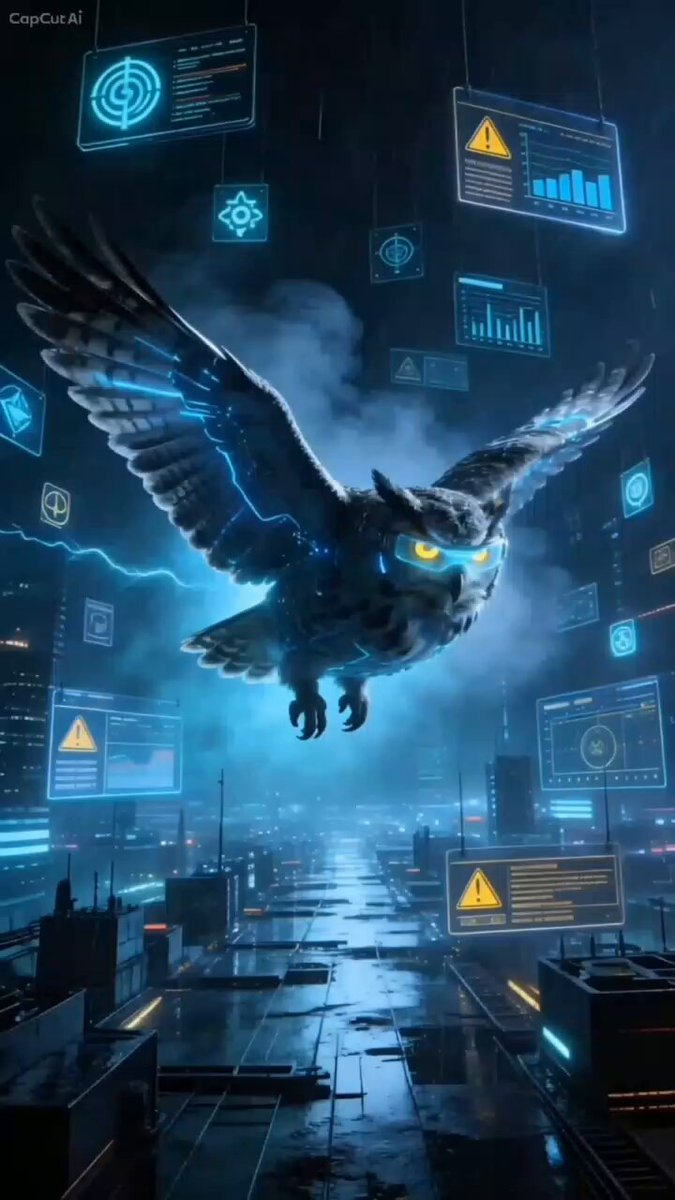 The image features a digital illustration of an owl flying through a cityscape with neon signs, buildings, and other elements that create a futuristic atmosphere. The owl appears to be soaring above a city skyline filled with various buildings, including one labeled "BaseHunterAI". The caption for this image reads: "BaseHunterAI is growing. Building intelligence, research and community on Base. No hype. Just consistent work. Rise With Wisdom."