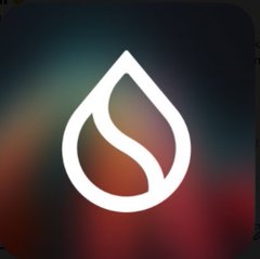An app icon featuring a white water drop or leaf-like symbol with an 'S' shape inside, set against a dark gradient background.