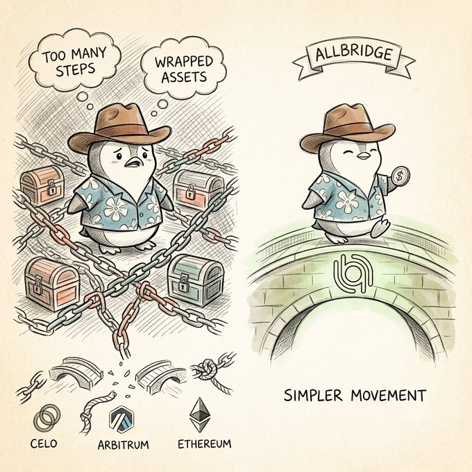 A hand-drawn illustration contrasting 'too many steps' and 'wrapped assets' with 'simpler movement' via Allbridge, showing a penguin mascot and logos for Celo, Arbitrum, and Ethereum.