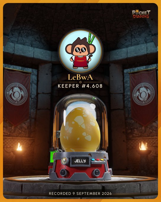 A Pocket Dragons NFT keeper card for "LeBwA" (Keeper #4,608) displays a yellow jelly egg in an incubator, recorded on 9 September 2026.
