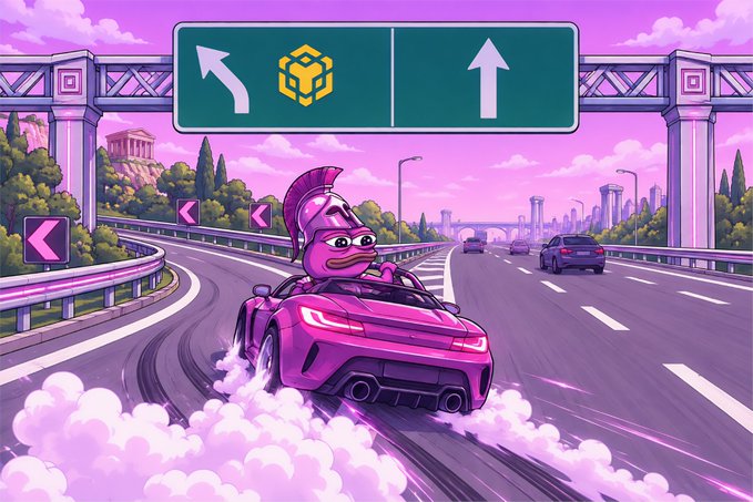 A pink cartoon character drives a magenta sports car on a highway under highway signs, with a yellow Binance (BNB) cube logo visible on one sign.