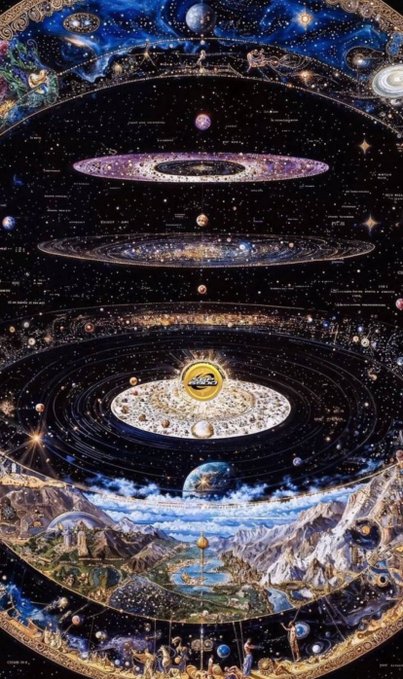 A cosmic illustration depicting a hierarchical view of the universe, from celestial realms and galaxies at the top to planetary systems, Earth, and human figures at the bottom. The accompanying post appears to be an off-topic, fragmented promotion for various podcast spaces (SPX, FTSM, Persist Forever, Tenzin), seemingly unrelated to the cosmic artwork and posted as a "shit post" to avoid platform moderation.