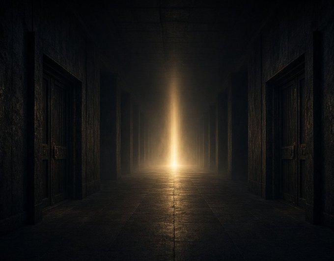 A dark, atmospheric corridor lined with tall stone walls and doors on both sides, illuminated by a single mysterious vertical beam of golden light at the far end.