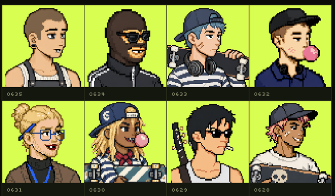 A grid of eight pixel-art character portraits, each numbered from 0628 to 0635, featuring diverse characters in casual attire, some chewing bubblegum.
