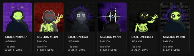 Six NFT profiles labeled 'SIGILION' (#2587, #3421, #473, #4791, #4654, #4628) display glowing skeletal and demonic figures, each showing a 'Top offer' of '0.0012 WETH'.