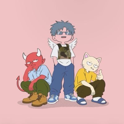 Cartoon-style illustration of three characters against a pink background: a red devil figure, a winged figure with sunglasses, and a white cat-like character giving a thumbs up.