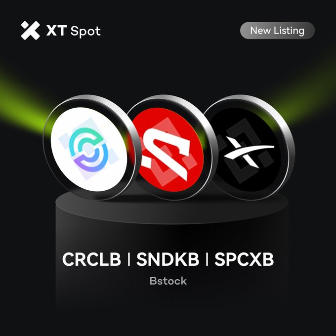 A promotional graphic for XT Spot's new listing announcement features three circular tokens displayed on a pedestal, representing the newly listed cryptocurrencies $CRCLB, $SNDKB, and $SPCXB. The "New Listing" badge and accompanying trading details announce that deposits and trading are now open for these tokens.