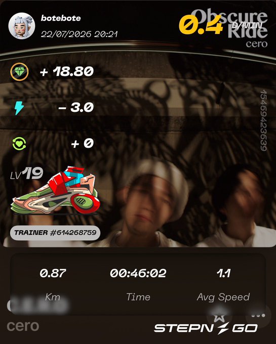 STEPN GO app screenshot showing a workout by user 'botebote' on 22/07/2026 with a colorful sneaker NFT (LV.19, Trainer #614268759), earning +18.80 GST from 0.87 km in 00:46:02.