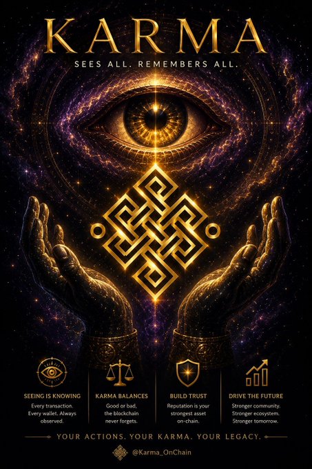 The image features a poster with an eye surrounded by a crescent moon, which is often associated with the concept of Karma. The poster includes various symbols related to Karma, such as a golden eye, a crescent moon, and a golden chain. The text on the poster encourages viewers to focus on their mindset in order to see opportunities rather than obstacles and to embrace the idea that our actions determine our Karma.