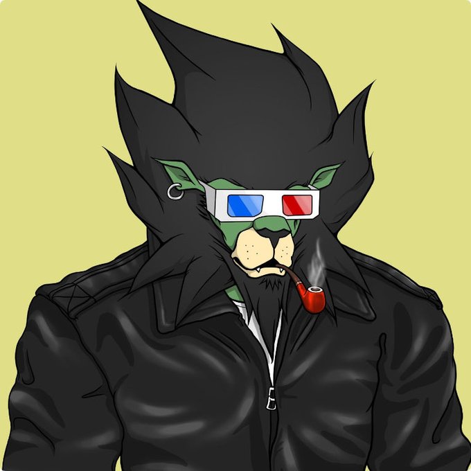 An illustrated anthropomorphic black wolf character wearing a leather jacket and 3D glasses, smoking a pipe.