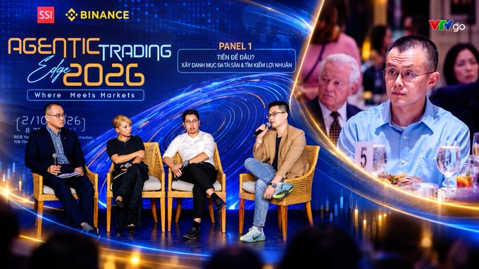 A promotional image for the "Agentic Trading Era 2026" event co-hosted with SSI and Binance, showing a panel discussion titled "XÂY DẦNH MỨC ĐỘ TIN SÂN & TẦM KIẾM LỢI NHUẬN."