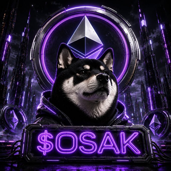 A cyberpunk-style image featuring a Shiba Inu dog in a dark hooded jacket, with a neon purple Ethereum logo behind it and a glowing "$OSAK" sign in front.