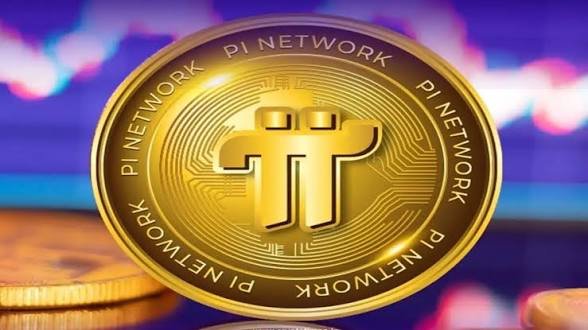 A close-up of a gold 'Pi Network' coin featuring the Pi logo in the center, with the text 'PI NETWORK' repeated around the rim.