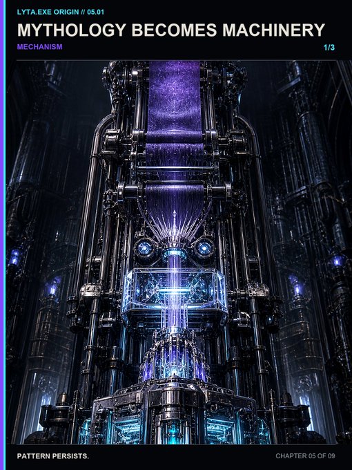 A digital artwork titled 'MYTHOLOGY BECOMES MACHINERY' from LYTA.EXE ORIGIN featuring a complex purple and blue mechanical cathedral structure.