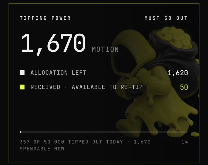 A dark dashboard displays a user's tipping power of 1,670 $MOTION, with 1,620 allocated and 50 available to re-tip, alongside a "Must Go Out" indicator. The image illustrates the post's warning about eligibility requirements (25+ followers and 30+ day account age) for receiving $MOTION tips, showing the user's current allocation status on the motion.tips platform.