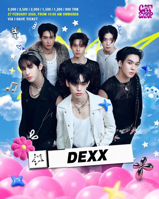 A promotional poster featuring six young men posed against a blue sky background with pink balloons and graphic elements, advertising "CAT EXPO" on 27 February 2026, with the name "DEXX" displayed at the bottom.