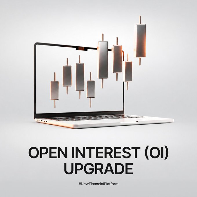 The image is an open laptop with the text "Open Interest (OI) upgrade" written above it. The laptop has been upgraded to track OIs with single-counting, which can provide a cleaner and more industry-standard way of analyzing market activity without making changes to positions, margin, or P&L.