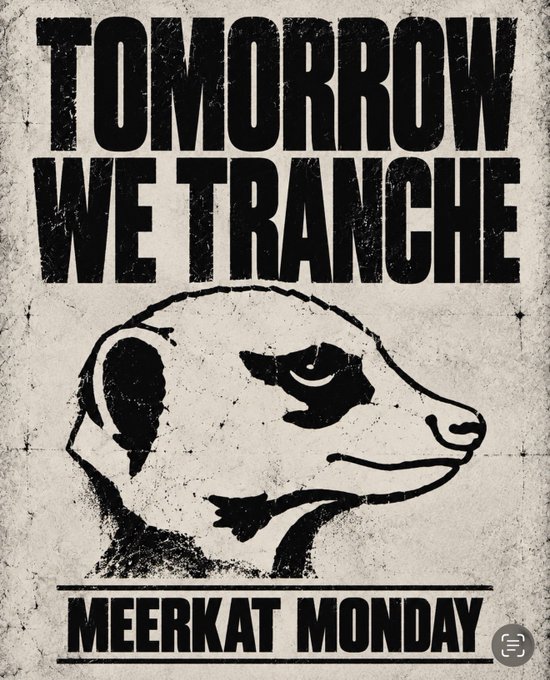 A black and white graphic featuring a serious meerkat looking sideways. The bold text reads 'TOMORROW WE TRANCHE' at the top and 'MEERKAT MONDAY' at the bottom, styled with a distressed, vintage aesthetic.