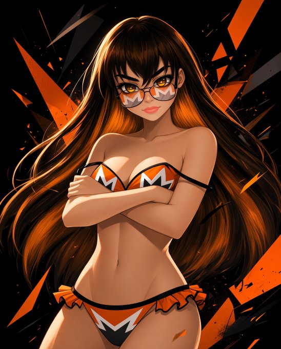 An anime-style digital illustration of a woman with long brown hair, wearing a zigzag-patterned orange and white bikini and matching sunglasses, set against a black background with orange shards.