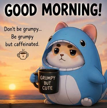 A 'GOOD MORNING!' meme featuring a cute hamster in a blue shark costume holding a coffee mug that says 'GRUMPY BUT CUTE,' with text reading 'Don't be grumpy... Be grumpy but caffeinated.'