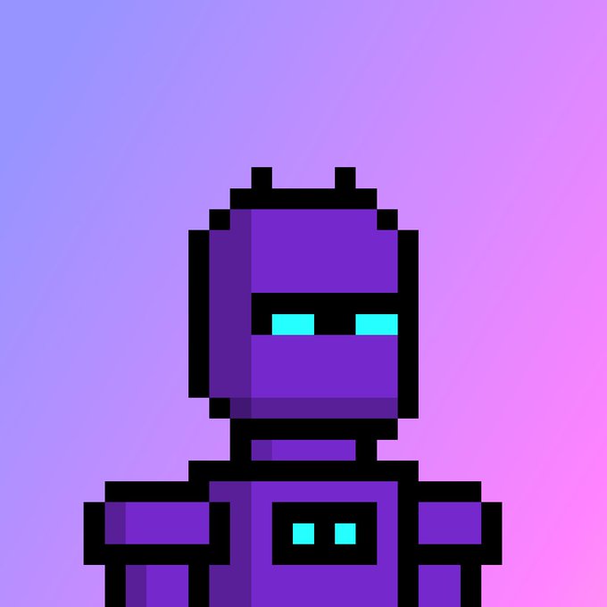A pixel art purple robot with glowing cyan eyes and chest lights stands against a gradient pink-purple background. The "bot that bangs" is humorously personified through the stiff, boxy robotic figure.