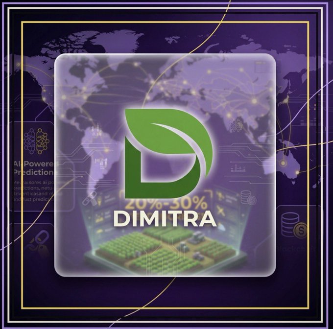 A promotional graphic for 'DIMITRA' featuring a green leaf logo, displaying '20%-30%' over an image of a farm with global network graphics and 'AI Powered Prediction' text.