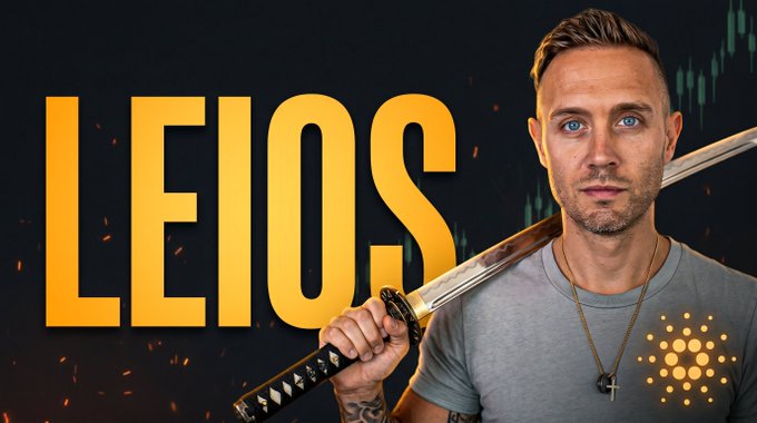 The image features a man holding a katana with the bold yellow text "LEIOS" displayed prominently beside him, referencing the upcoming Cardano Leios upgrade, a major protocol improvement Charles Hoskinson has described as the biggest advancement since the Shelley era.