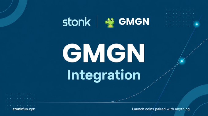 A dark blue promotional graphic announces "GMGN Integration" with the Stonk and GMGN logos (featuring a green gecko icon) at the top, alongside the tagline "Launch coins paired with anything" and the website "stonkfun.xyz"—visually supporting the post's announcement that StonkFun coins can now be traded through the GMGN platform.