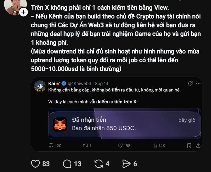 A social media post in Vietnamese about earning money on X (Twitter) through Web3 and Crypto, quoting a post by @1Kaiweb3 from Sep 14 about receiving 850 USDC, with 14K views and 158 likes.