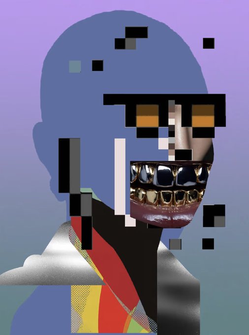 The image features a digital art piece of a person's face with a blue background, wearing glasses and a red scarf around their neck. The face has a unique design that includes squares and lines, giving it an abstract appearance. The caption "GM" is written in white text at the bottom right corner of the image.