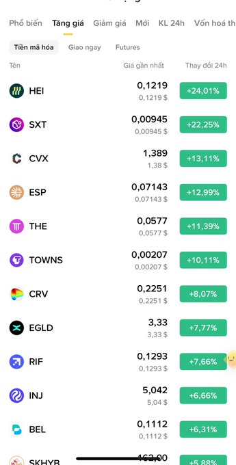 A Vietnamese cryptocurrency tracking app displaying the 'Tăng giá' (Rising prices) tab, showing top gainers including HEI (+24.01%), SXT (+22.25%), CVX (+13.11%), and ESP (+12.99%).
