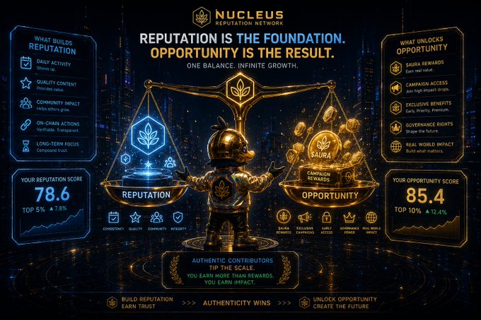 The image displays a promotional graphic for Nucleus (Reputation Network) featuring a gold and blue balanced scale weighing "Reputation" (scored 78.6, top 5%) against "Opportunity" (scored 85.4, top 10%), with the tagline "Reputation is the foundation. Opportunity is the result." It highlights what builds reputation (daily activity, quality content, community impact, on-chain actions, long-term focus) and what unlocks opportunity (Saura rewards, campaign access, exclusive benefits, governance rights, real world impact), reinforcing the post's message that $AURA token and campaign rewards are earned through authentic contribution and proven reputation rather than random access.