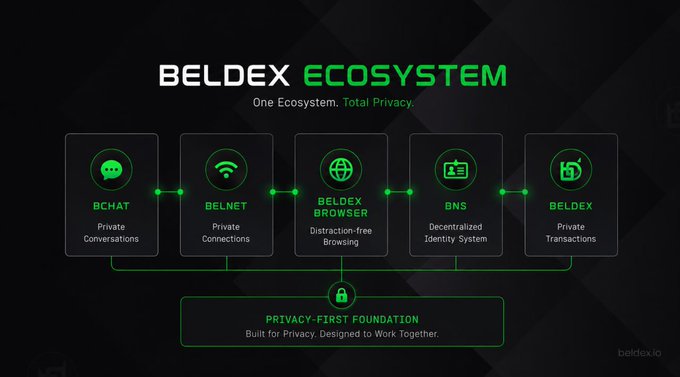 An infographic of the BELDEX ECOSYSTEM showing its components: BCHAT, BELNET, BELDEX BROWSER, BNS, and BELDEX, all built on a 'Privacy-First Foundation.'