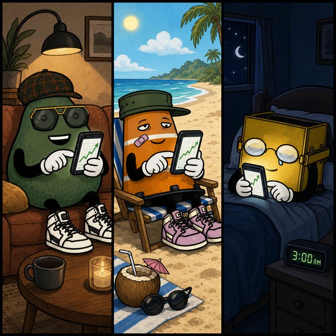 The image shows three cartoon characters—a green avocado-like figure on a couch, an orange character relaxing on a beach, and a yellow character in bed at night—all checking trading charts on their phones, with a digital clock reading "3:00 AM" beside the bed, humorously illustrating that "OMies" traders can be found anywhere and at any hour, all encouraged to use the "OASU" code at mfmarkets.io/r/OASU.