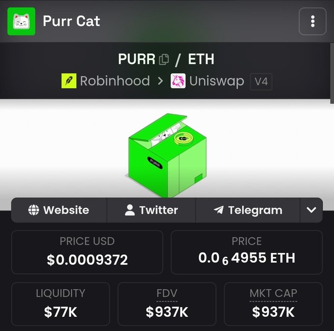 A cryptocurrency app screen showing 'Purr Cat' token with the pair PURR/ETH available on Robinhood and Uniswap V4, priced at $0.0009372 with a market cap of $937K.
