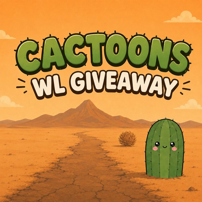 The image features a desert scene with a cactus, which appears to be a cartoon character or illustration of a cactus. The cactus is sitting in an arid environment surrounded by sand dunes. In front of the cactus, there's a small green object that resembles a cactus plant. The background of the image has a desert landscape and mountains visible behind it. The text "CACToons WL GIVEAWAY" appears at the top of the image, indicating that this is an NFT giveaway for cartoon characters or illustrations related to Cactoons.