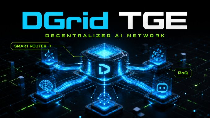 A promotional graphic for 'DGrid TGE' advertising a 'Decentralized AI Network' with labeled components including 'SMART ROUTER' and 'PoQ', featuring a central node connected to surrounding cubes representing AI and blockchain functions.