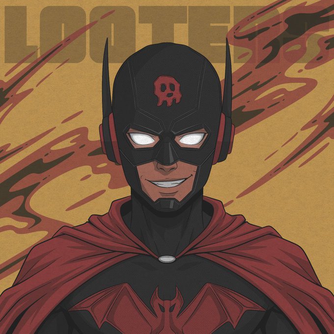 This image displays a "Looters NFT" character, a masked hero with a skull emblem on its helmet, promoting an NFT launch with a supply of 8888 and a mint price of 0.0024 ETH.
